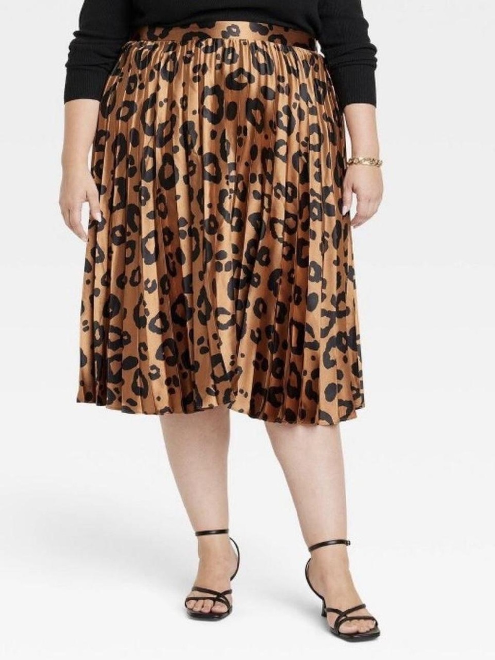 Ava & Viv Leopard Print Pleated Midi Skirt - Brown/Black